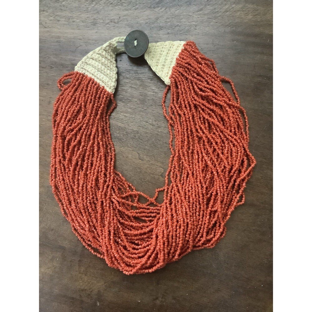 VTG Konyak Naga Red Coral Glass Seed Beads Multi Strand Necklace-51934 Coin
